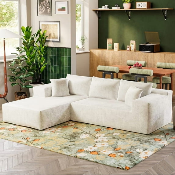 Furmax 108" L-Shape Boneless Chaise Sectional Sofa Cloud Couch Sectional Corduroy Couch Set with Deep Seat for Living Room,Chenille White