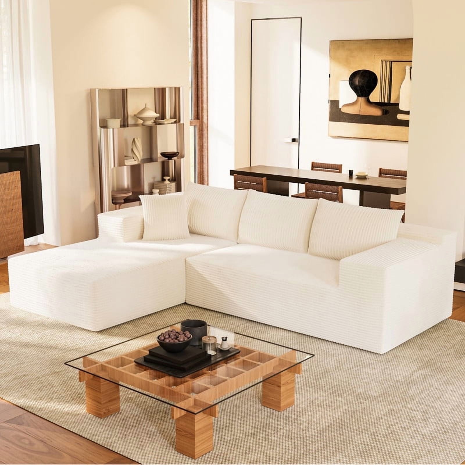 Furmax 108"  L-Shape Boneless Chaise Sectional Sofa Cloud Couch Sectional Corduroy Couch Set with Deep Seat for Living Room,Corduroy White