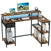 Mesa de juegos de escritorio de oficina Furmax en forma de L con luces LED, z&oacute;calo incorporado, soporte para computadora, caj&oacute;n de tela, 2 tipos de ensamblaje, marr&oacute;n