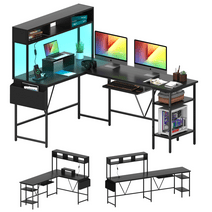 Furmax L-Shape Office Desk Gaming Table with LED Lights Storage Rack Built-in Socket Computer Stand Organizer Pocket Keyboard Drawer, Black