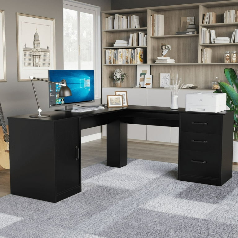 Furmax Corner Office Desk with Storage Cabinet, Drawers, 60x60