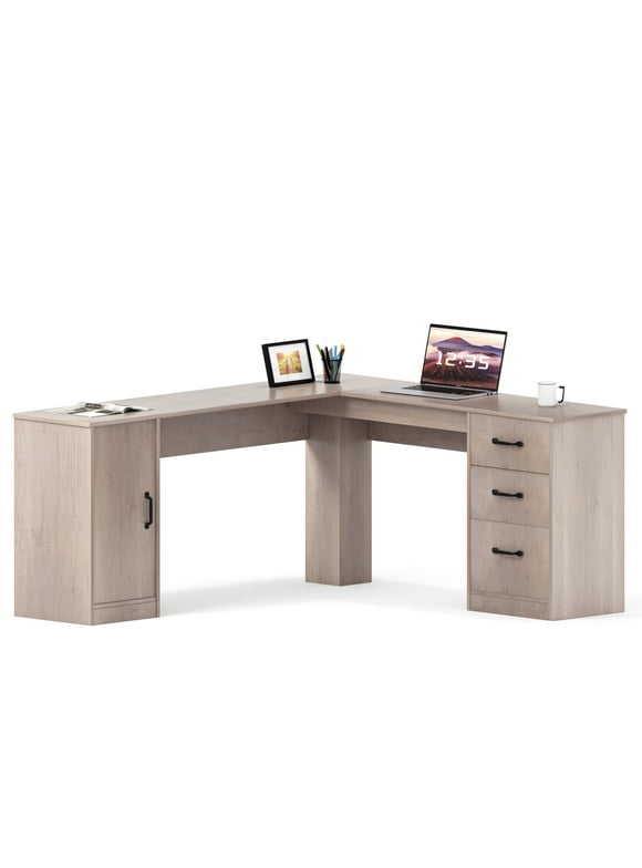 Furmax L Shaped Desk Corner Office Desk Computer Desk with Storage Cabinet & Drawers, Gray