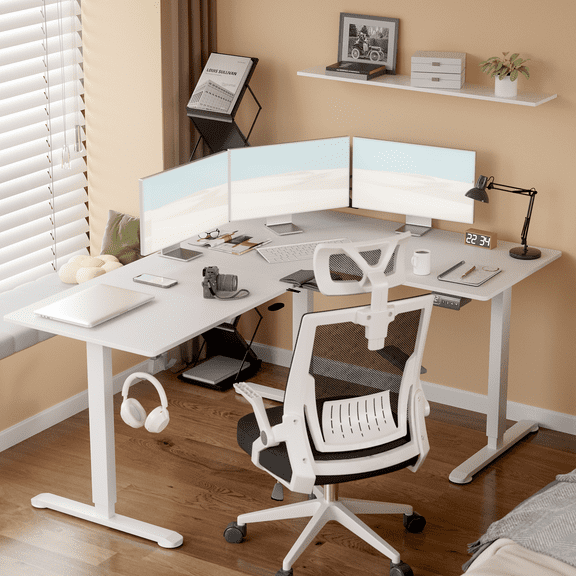 Furmax L-shaped Electric Sit-Stand Desk 63in Wide Electric Stand Up Height Adjustable Lifting Range 28~46in Computer Workstation Standing Desk Height Adjustable,White
