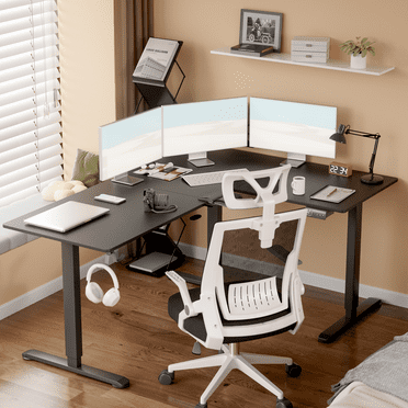 Furmax L-shaped Standing 63” W Electric Height Adjustable Computer Desk Sit-Stand Corner Desk for Home Office Lifting Range 28~46in with Memory Preset Controller, Black