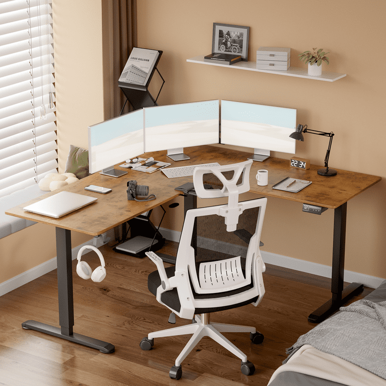 Furmax L Shaped Standing 63 W Electric Height Adjustable Computer Desk Sit Stand Corner Desk for Home Office Lifting Range 28 46in with Memory Preset