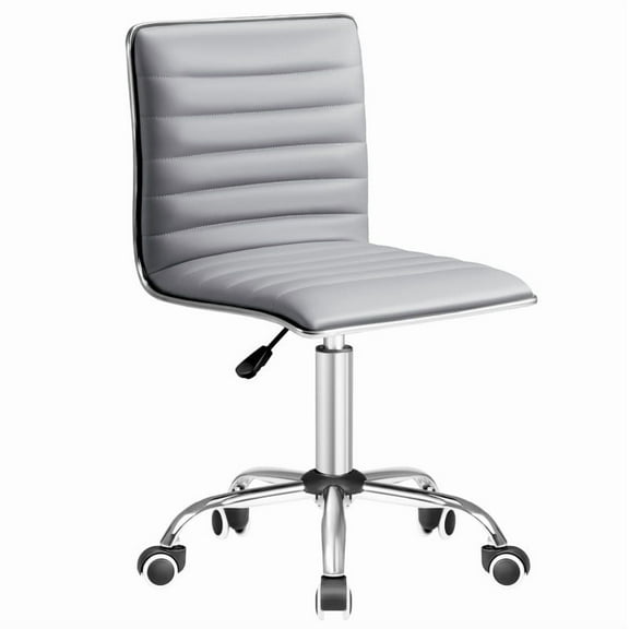 Furmax Leather Swivel Office Chair - Mid Back Vanity Chair for Makeup Desk, Armless Ribbed Task Chair with Ergonomic Support (Light Gray)