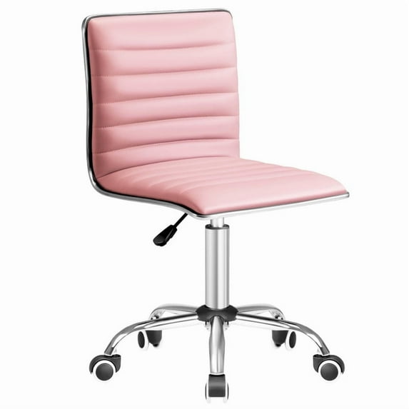 Furmax Leather Swivel Office Chair - Mid Back Vanity Chair for Makeup Desk, Armless Ribbed Task Chair with Ergonomic Support (Pink)