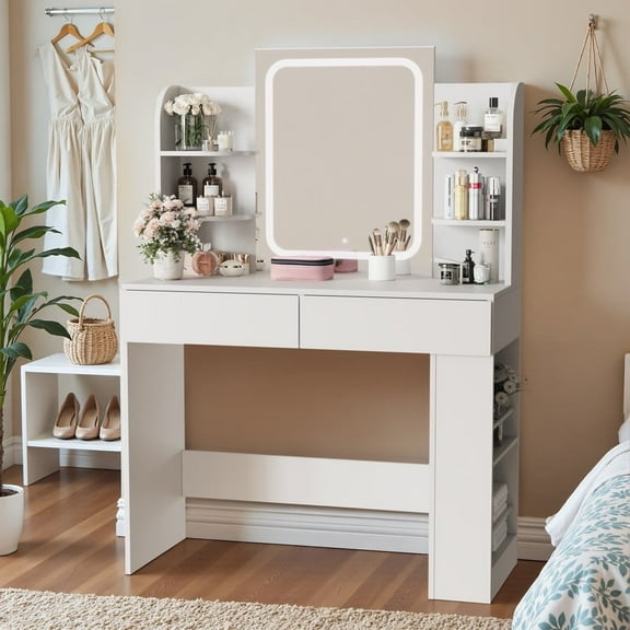Furmax Makeup Vanity Desk with LED Lighted Mirror Vanity Table with Drawers, Shelves & Side Storage for Bedroom, White