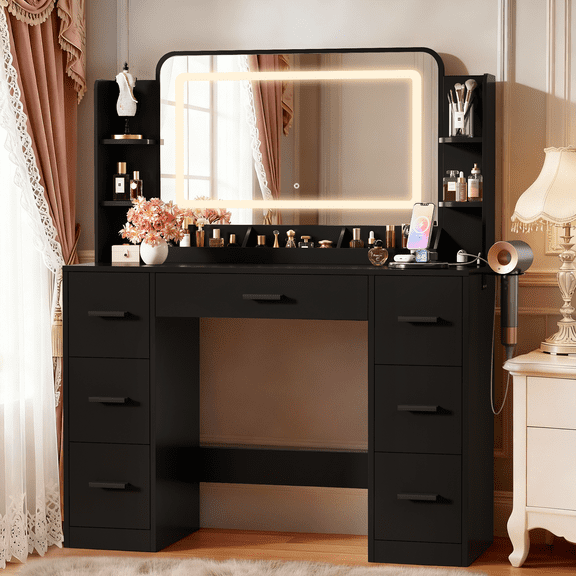 Furmax Makeup Vanity Desk with LED Mirror, Modern Vanity Table Set with Storage & Power Outlet for Bedroom & Dressing Room, Black