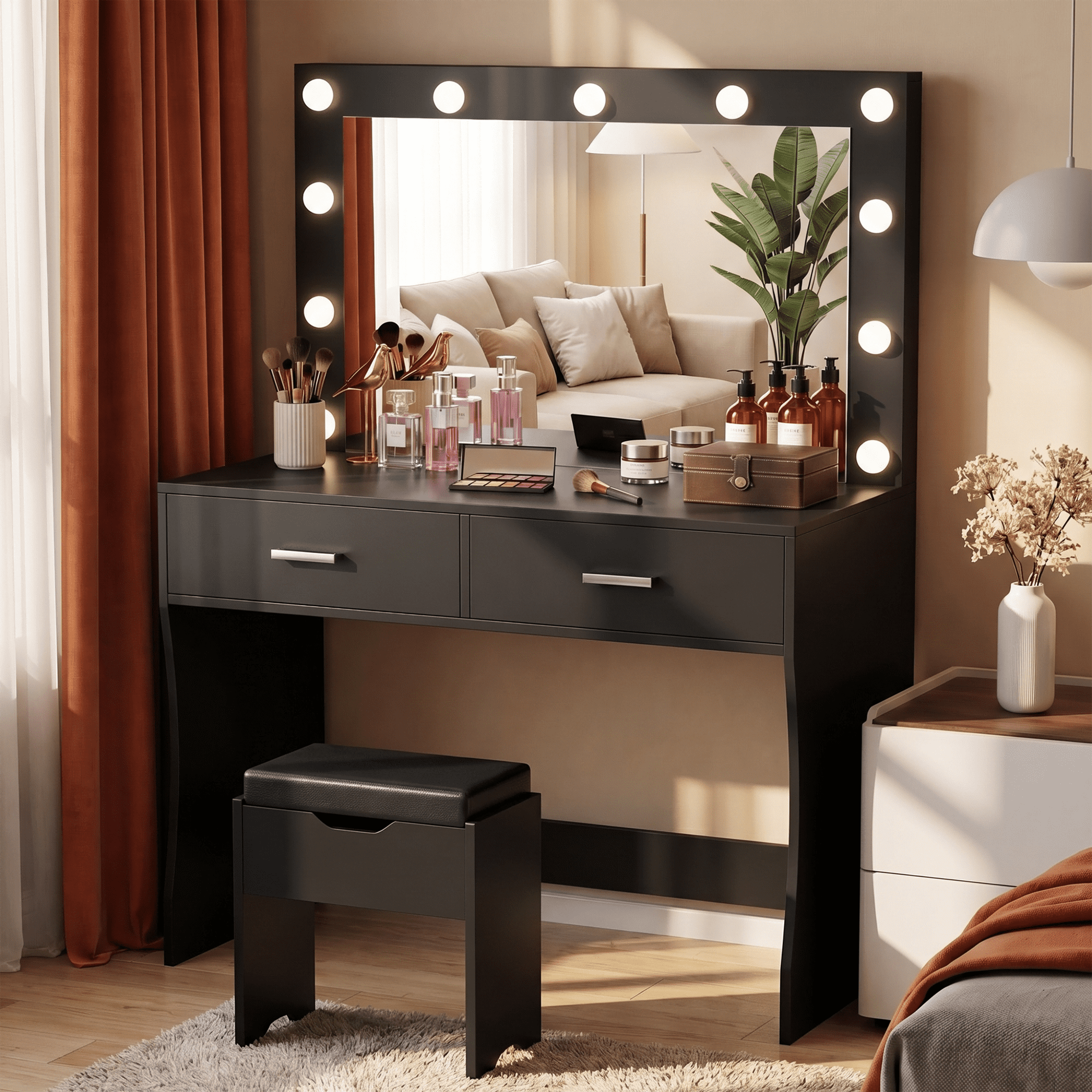 Furmax Makeup Vanity Table Set with Lights and Mirror Vanity Desk with Drawer and Chair, Black