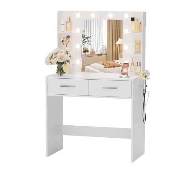 Furmax Makeup Vanity Desk with 3 Modes Adjustable Lights and Mirror Vanity Table with Shelves and Drawers, White