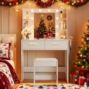 Furmax Makeup Vanity Table and Chair Set with 3 Modes Adjustable Lights and Mirror Vanity Desk with Shelves and Drawer, White