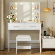 Furmax Makeup Vanity Table and Chair Set with 3 Modes Adjustable Lights and Mirror Vanity Desk with Shelves and Drawer, White