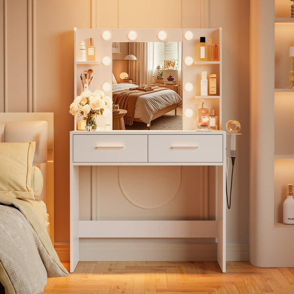 Furmax Makeup Vanity Desk with 3 Modes Adjustable Lights and Mirror Vanity Table with Shelves and Drawers, White