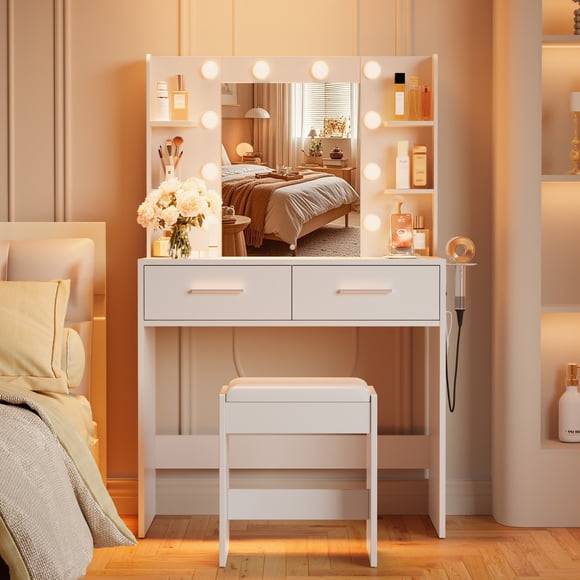 Furmax Makeup Vanity Table and Chair Set with 3 Modes Adjustable Lights and Mirror Vanity Desk with Shelves and Drawer, White