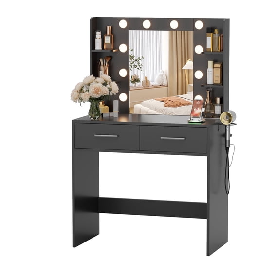Furmax Makeup Vanity Desk with 3 Modes Adjustable Lights and Mirror Vanity Table with Shelves and Drawer, Black