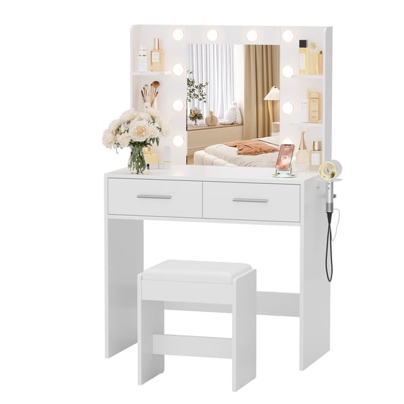 Furmax Makeup Vanity Desk and Chair Set with 3 Modes Adjustable Lights and Mirror Vanity Table with Shelves and Drawer, White