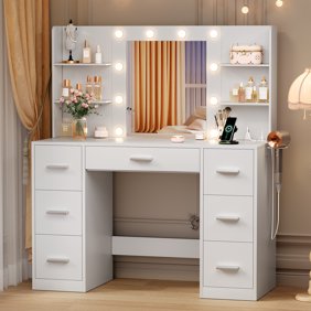 Furmax Makeup Vanity with Mirror and Drawers Vanity Desk Set with 3 Modes Adjustable Brightness Lights and USB Power Outlet, White