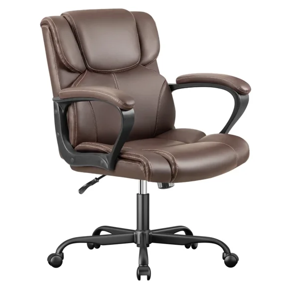 Furmax Mid Back Executive Office Swivel Computer Task Armrests Ergonomic Leather-Padded Desk Chair with Lumbar Support, Brown