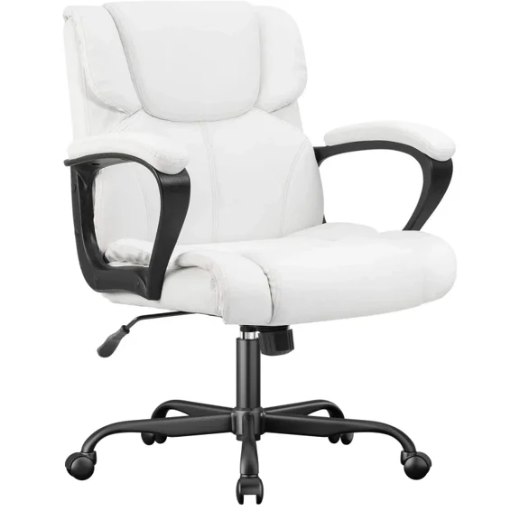 Furmax Mid Back Executive Office Swivel Computer Task Armrests Ergonomic Leather-Padded Desk Chair with Lumbar Support, White