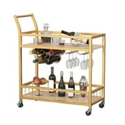 Furmax Mobile Bar Cart, Modern, Industrial, With Wine Rack, Glass Holder, and Wood Storage Shelves, Ideal for Living Room, Kitchen, Bar, Restaurants, and Parties, Golden