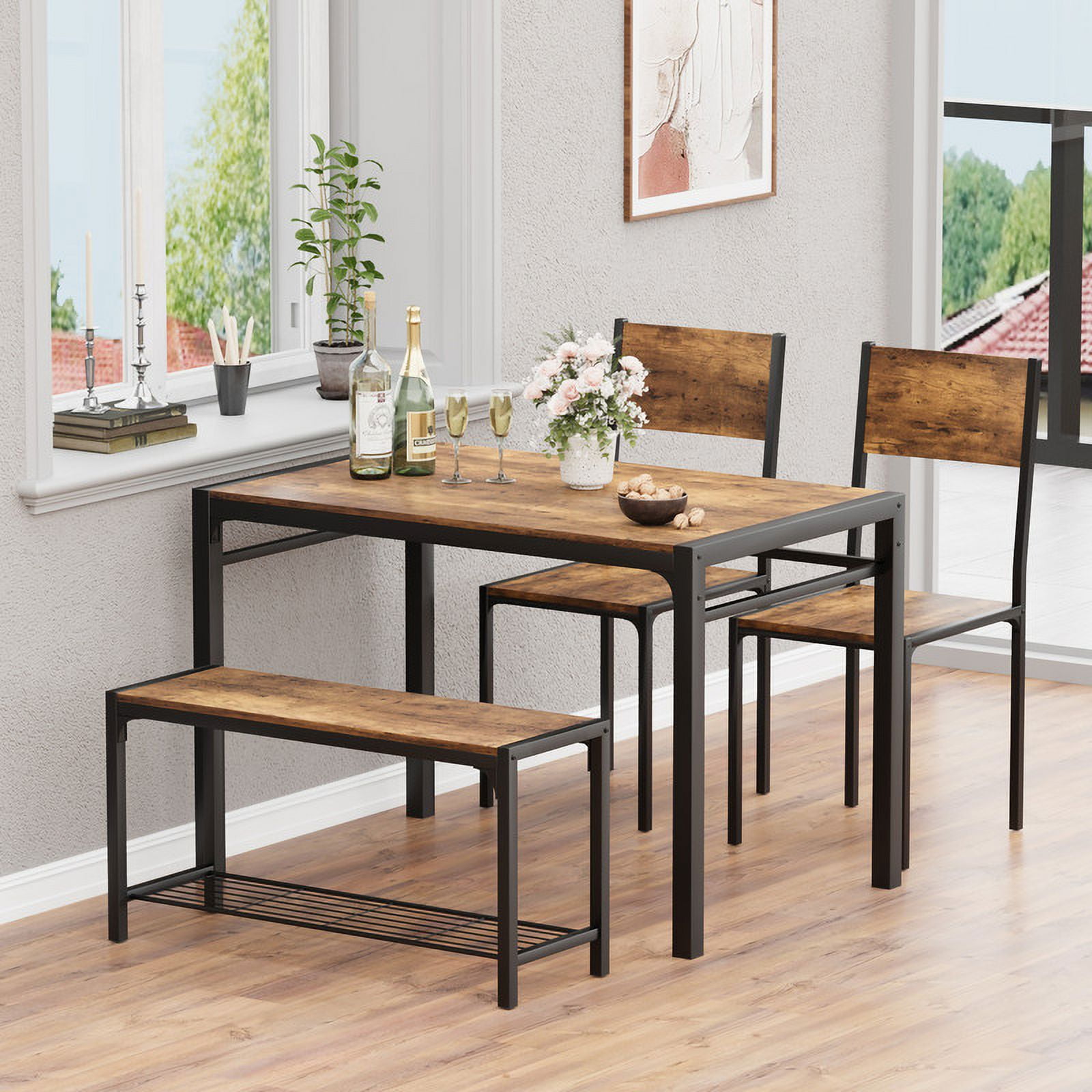 Furmax Dining Set Table and Chair Set for 4 with Bench Modern Indoor
