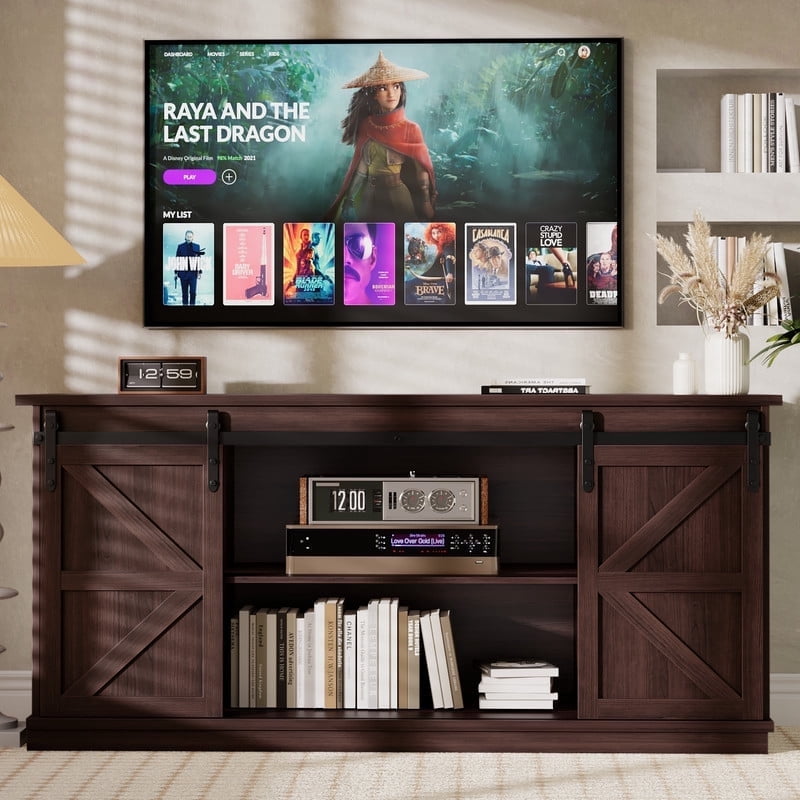 Furmax 65 inch TV Stand Entertainment Center with Sliding Barn Doors and Storage,Espresso