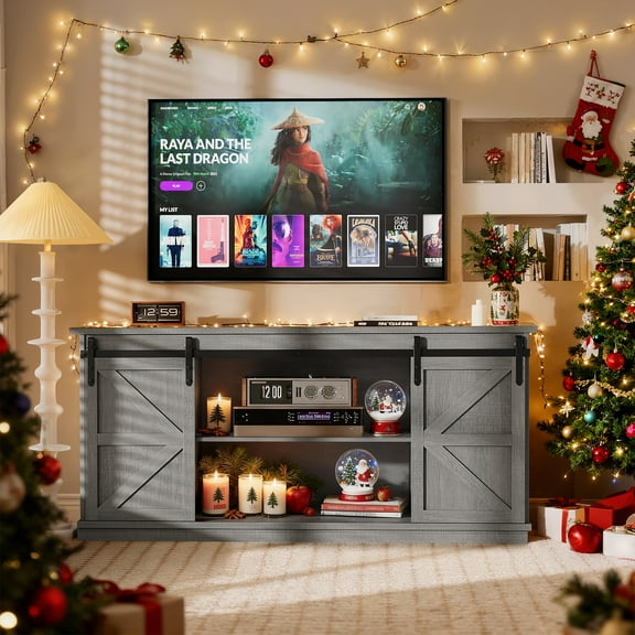 Furmax 65 inch TV Stand Entertainment Center with Sliding Barn Doors and Storage,Gary