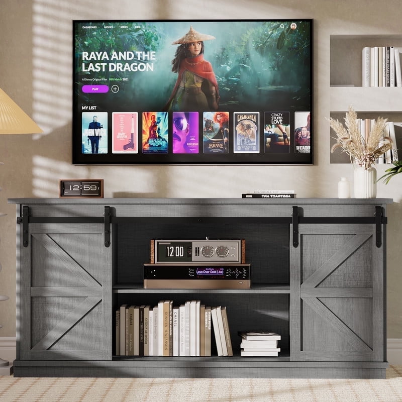 Furmax 65 inch TV Stand Entertainment Center with Sliding Barn Doors and Storage,Gary