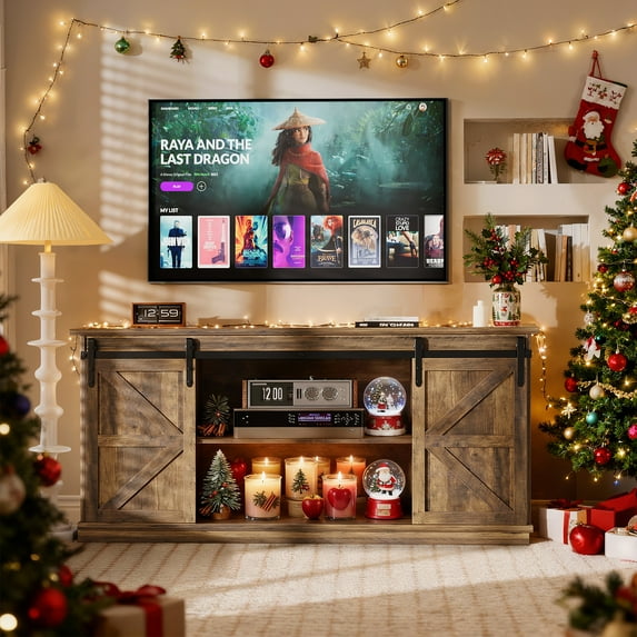 Furmax 65 inch TV Stand Entertainment Center with Sliding Barn Doors and Storage,Rustic Oak