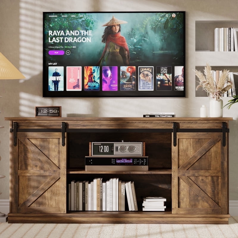 Furmax 65 inch TV Stand Entertainment Center with Sliding Barn Doors and Storage,Rustic Oak