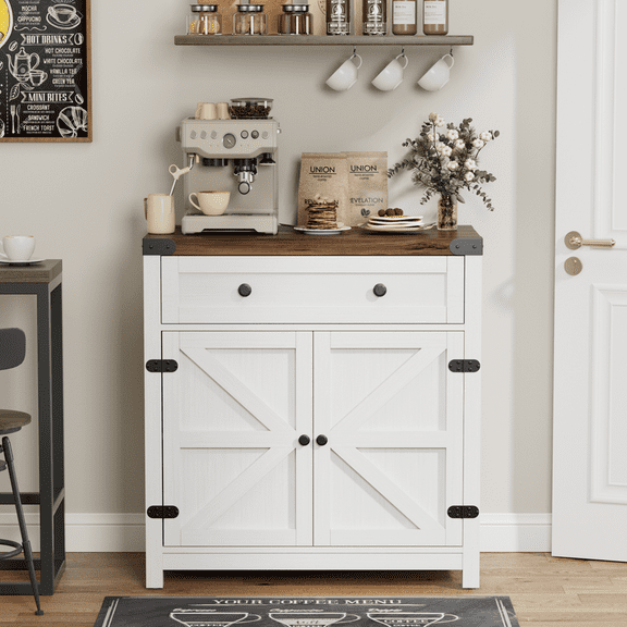 Furmax Modern Farmhouse Storage Cabinet, Wood Kitchen Buffet Sideboard with Drawer and Shelf,White