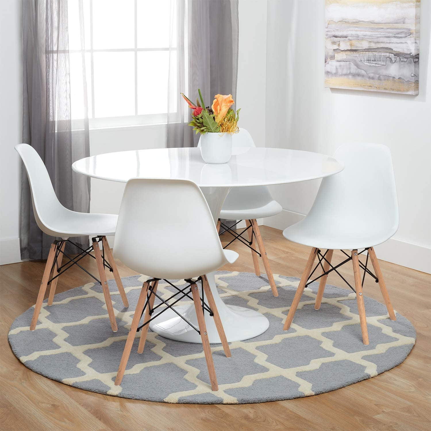 Furmax Pre Assembled Style Mid Century Modern DSW Shell Lounge Plastic Kitchen Dining Bedroom Living Room Side Chairs Set of 4 White