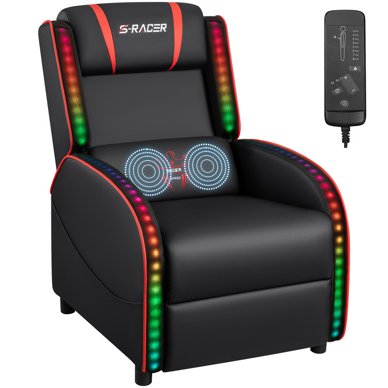Furmax RGB LED Lights Gaming Massage Recliner Chair Racing Style Single Living Room Sofa Ergonomic Home Theater Seating with Massage Lumbar Support, Red