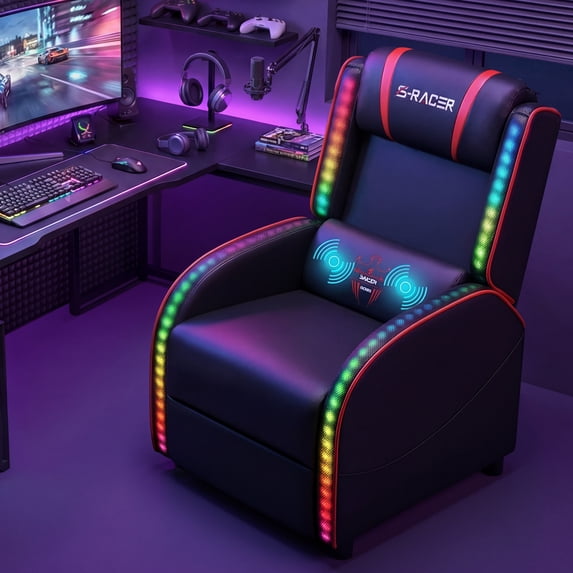 Furmax RGB LED Lights Gaming Massage Recliner Chair Racing Style Single Living Room Sofa Ergonomic Home Theater Seating with Massage Lumbar Support, Red