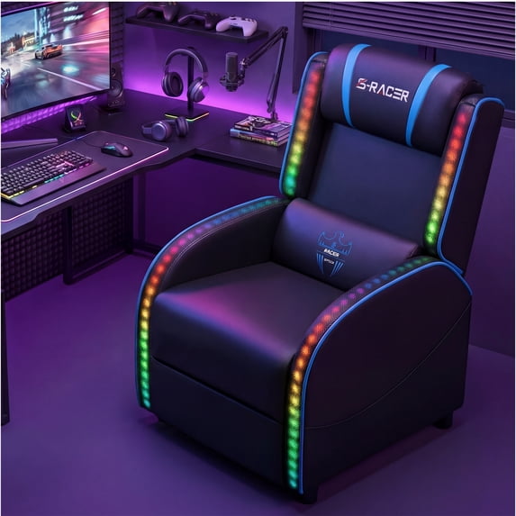 Furmax Racing Style Recliner Gaming Chair with Massage Lumbar Support and RGB Lighting, Blue