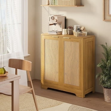 Furmax Rattan Door Buffet Cabinet Sideboard for Kitchen Wood Storage with Adjustable Shelf for Hallway Entry and Living Room, Brown