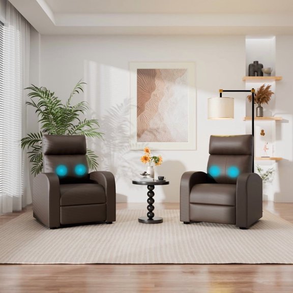 Furmax Recliner Chair Pu Leather Single Sofa Home Theater Recliners with 2 Point Massage Function for Living Room,PU Brown