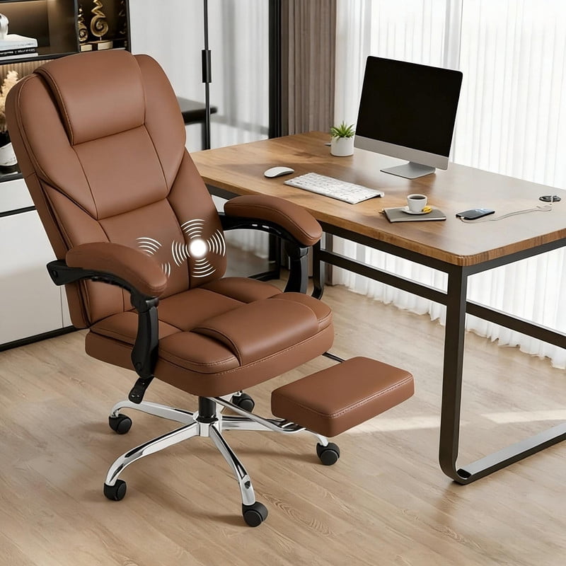 Furmax Reclining Massage Computer Chair Ergonomic Executive Office Chair Height Adjustable Leather Chair With Armsrests,Brown