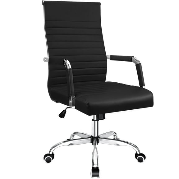Furmax Ribbed Office Desk Mid-Back PU Leather Executive Conference Task Adjustable Swivel Chair with Arms, Black