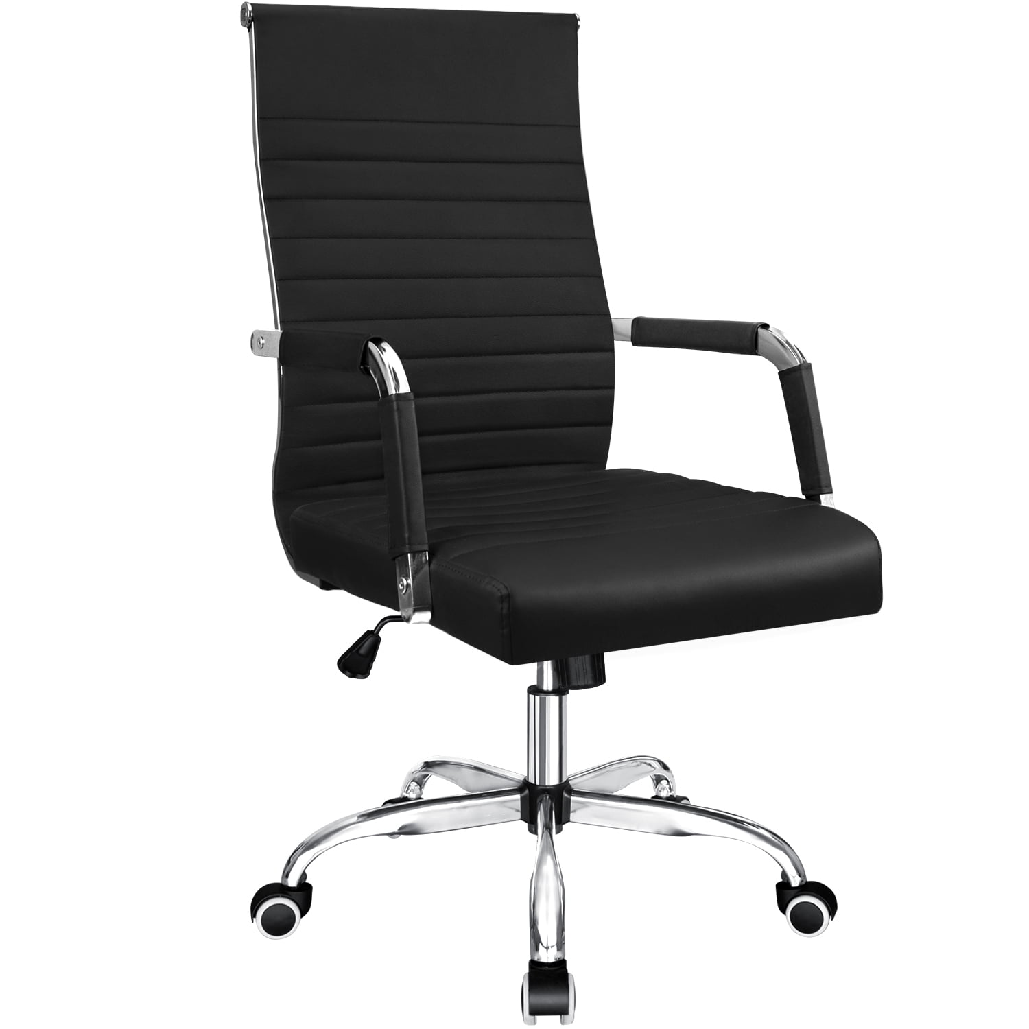 Furmax Ribbed Office Desk Mid-Back PU Leather Executive Conference Task  Adjustable Swivel Chair with Arms, Black
