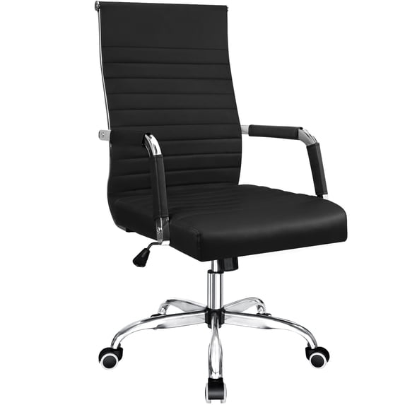 Furmax Ribbed Office Desk Mid-Back PU Leather Executive Conference Task Adjustable Swivel Chair with Arms, Black