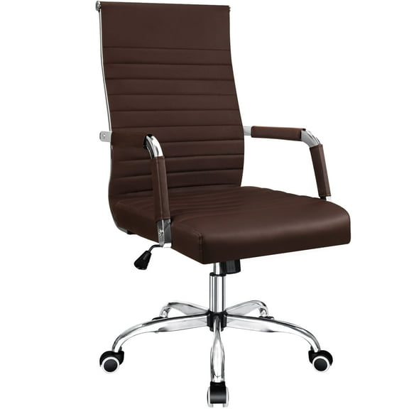 Furmax Ribbed Office Desk Mid-Back PU Leather Executive Conference Task Adjustable Swivel Chair with Arms, Brown