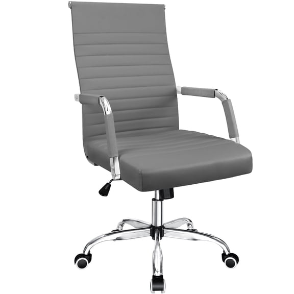Furmax Ribbed Office Desk Mid-Back PU Leather Executive Conference Task Adjustable Swivel Chair with Arms, Gray
