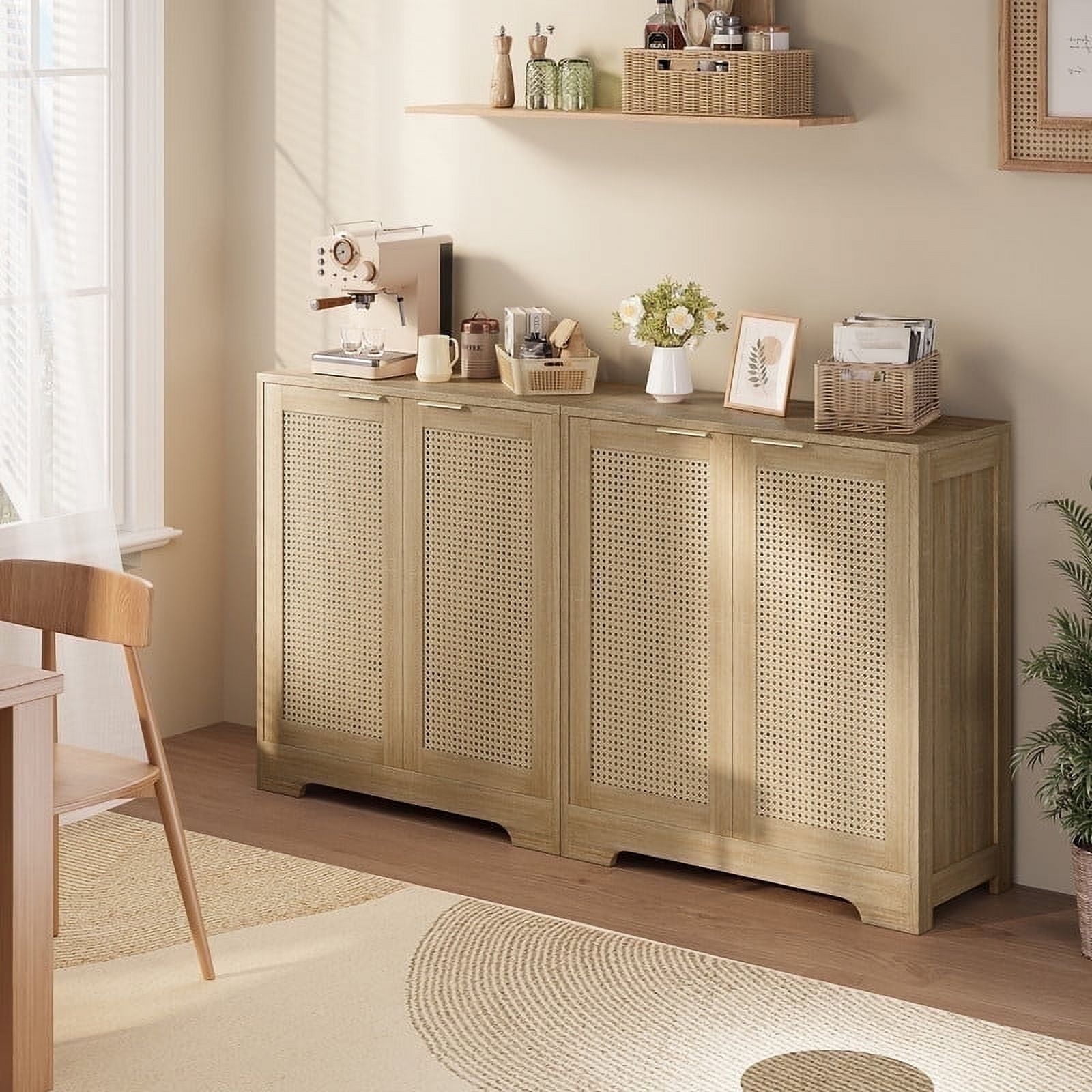 Beige Rattan Door Sideboard Set with Adjustable Shelves