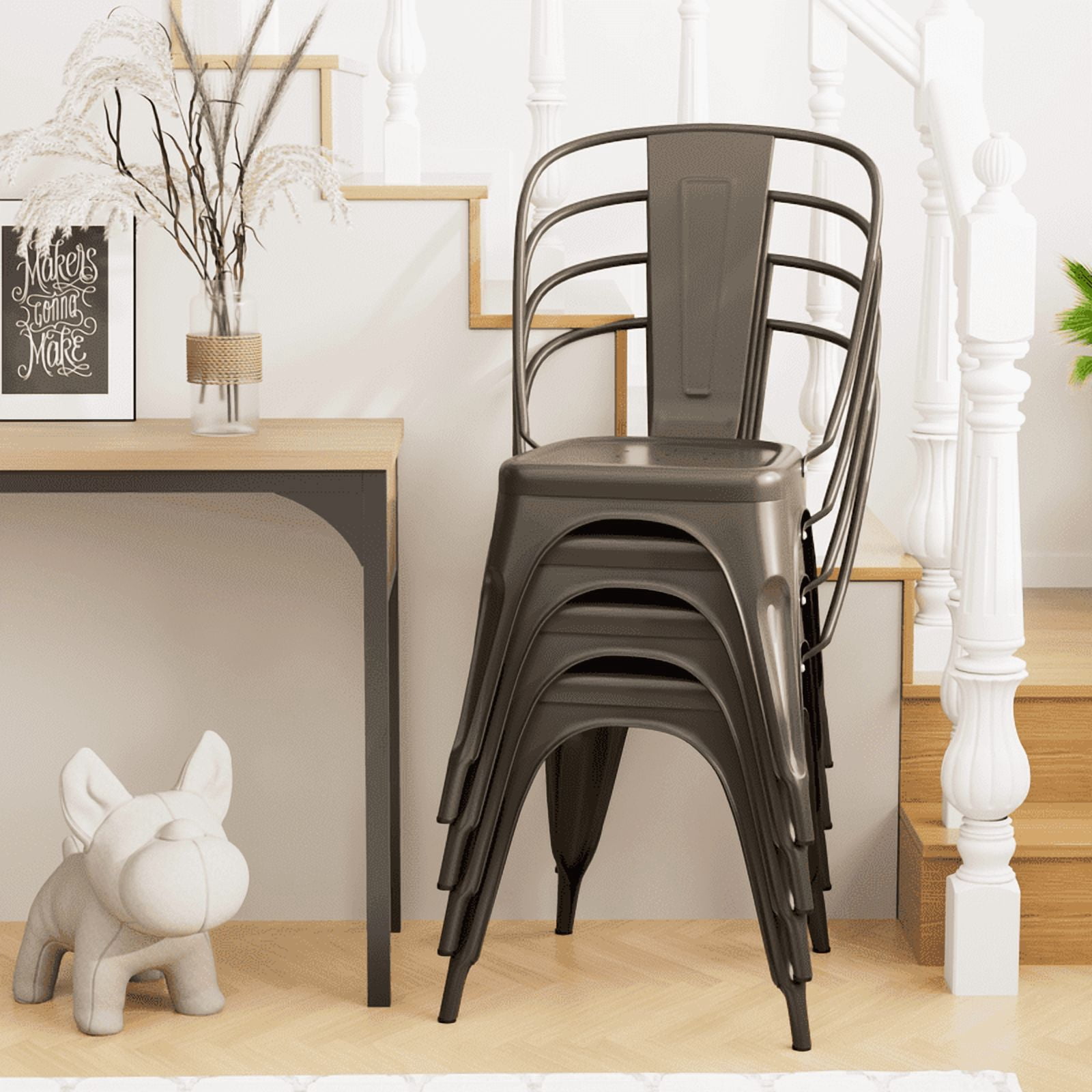 Furmax Set of 4 Metal Dining Chairs Stackable Indoor Industrial Vintage Chairs,Gun