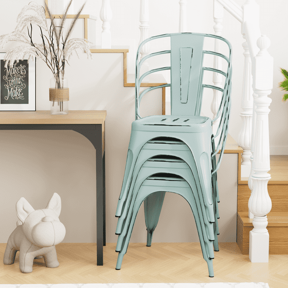 Furmax Set of 4 Metal Dining Chairs Stackable Indoor Industrial Vintage Chairs,Distressed Blue
