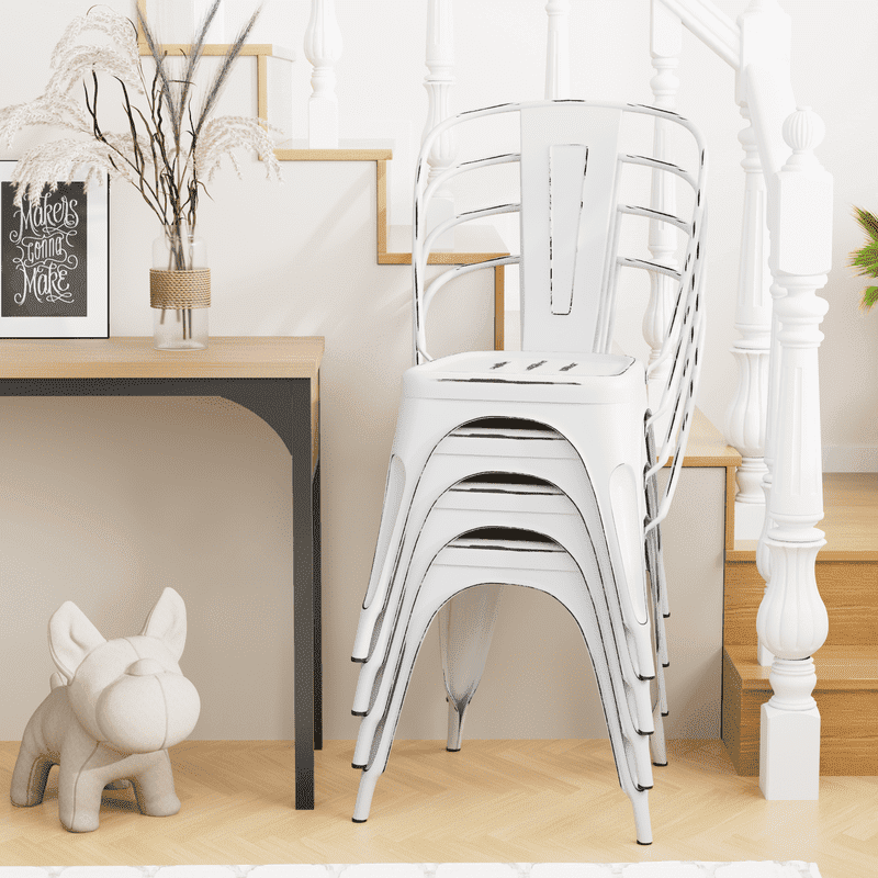 Furmax Set of 4 Metal Dining Chairs Stackable Indoor Industrial Vintage Chairs,Distressed White