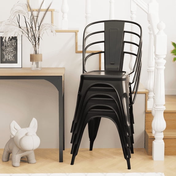 Furmax Set of 4 Metal Dining Chairs Stackable Indoor Industrial Vintage Chairs,Black