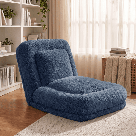 Furmax Soft Faux Fur Adjustable Floor Chair Sofa, Folding Plush Lazy Lounge Chair with Multi-Angle Backrest for Reading, Gaming, Bedroom & Small Spaces, Blue